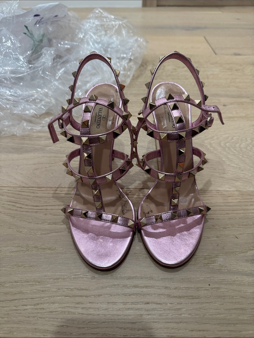 Valentino Pink Metallic Rockstud Strappy Heels